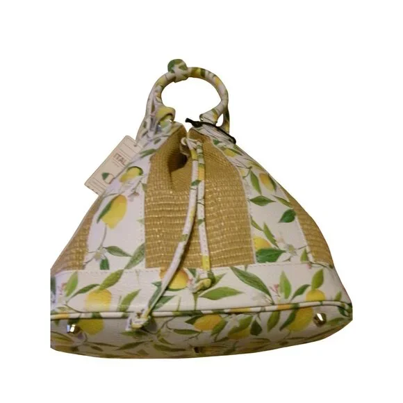NEW Valentina Italia Lemon Print & Woven Panel Bucket Bag With Drawstring Closur - Picture 2 of 16